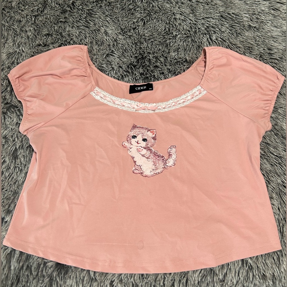 Cider Kitten Lace Trim Baby Tee Coquette Kawaii Top